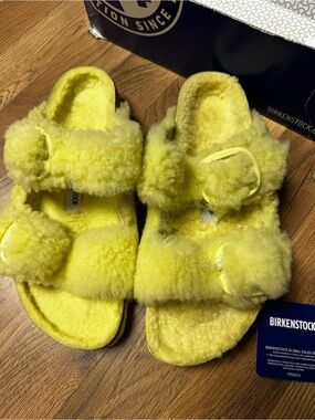 Birkenstock Yellow Shearling Double-Strap Slide Slippers